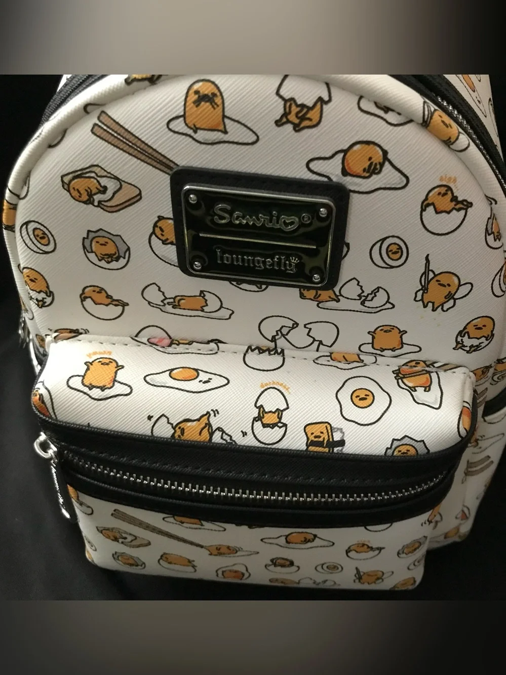 Loungefly White Gudetama Pattern Mini Backpack with Black Trim NWOT